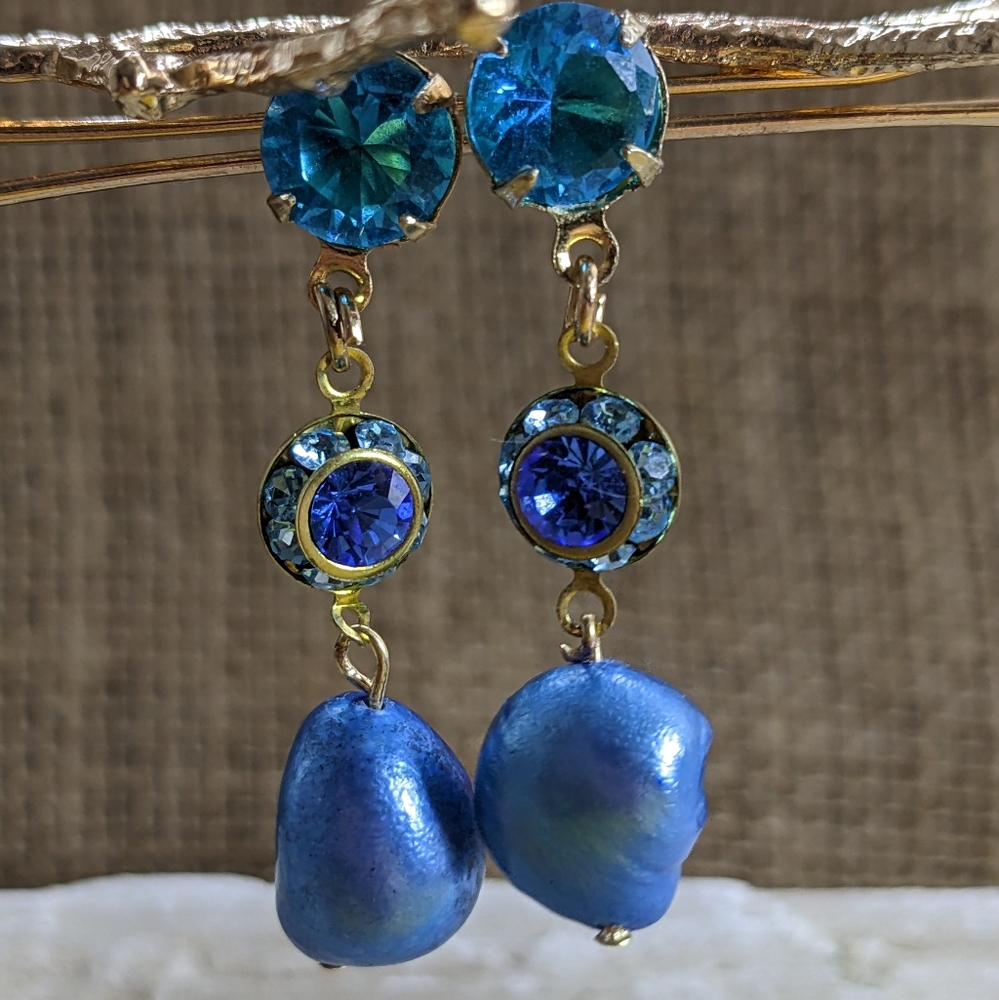 Genuine Swiss Blue Topaz 2 Carats, Flower, and Blue Baroque Pearl Earrings